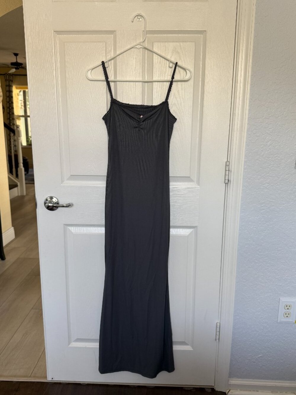 Charcoal Grey Y2K Lace Trim Ruched Maxi Slip Dress